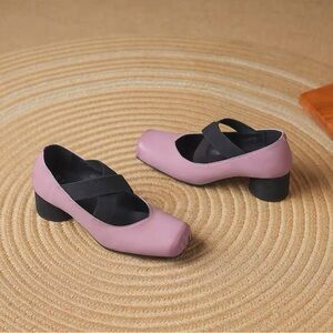 Elegant Pink Women's Ballet Leather Shoes with Black Accents
